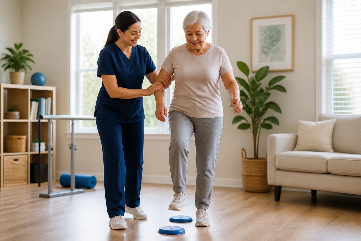 Therapist supporting fall prevention balance practice