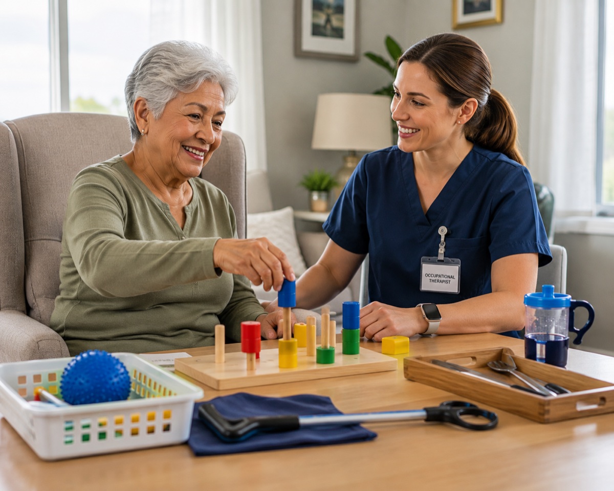 Occupational therapist guiding hand therapy with a pegboard activity