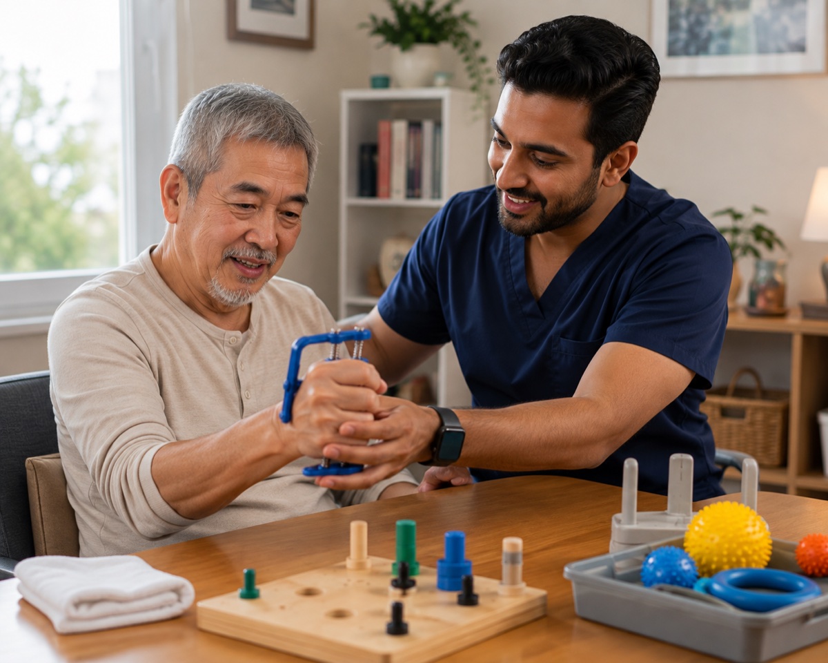 Occupational therapist guiding upper extremity rehabilitation with grip strengthening