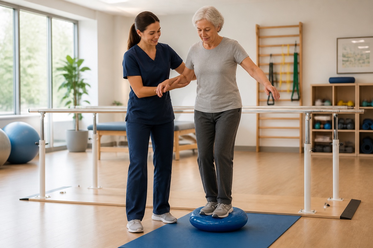 Therapist guiding vestibular and balance therapy on a wobble cushion